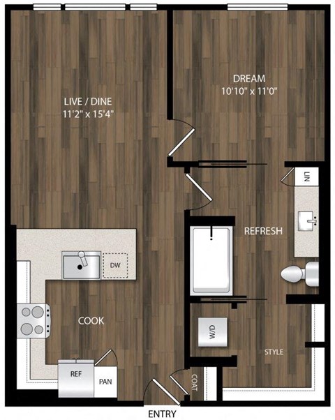 Floor plan for 1 bed, 1 bath, 665 sqft